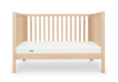 newton galileo crib in natural color converted to toddler mode, no guard,  front facing product image with white background.