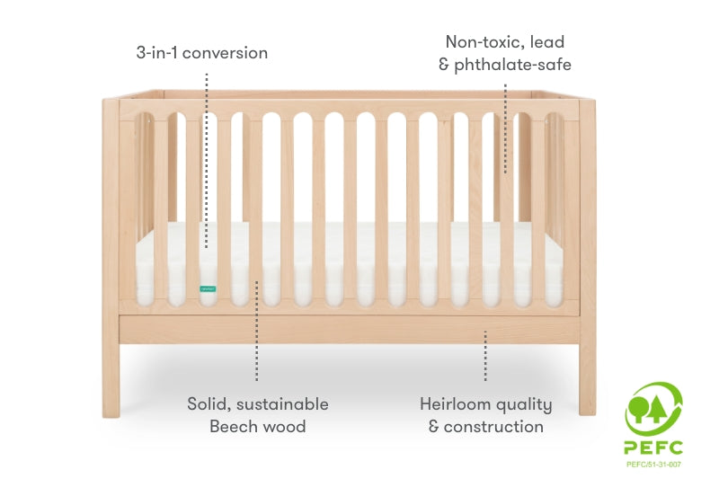 newton galileo crib in natural color, diagram with information that reads, "3-in-1 conversion, non-toxic, lead & phthalate-safe, heirloom quality & construction, solid, sustainable beech wood" PEFC certified badge