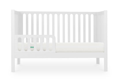 newton galileo crib in white color converted to toddler mode, with guard, front facing product image with white background.