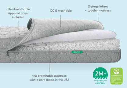 Newton mattress with cover partially removed showing patented wovenaire core, Chart displaying key features of the mattress, 2M+ pounds of plastic removed from the ocean, greenguard gold certified, 100% washable, ultra-breathable zippered cover included, 2 stage infant + toddler mattress, the breathable mattress with a core made in the usa