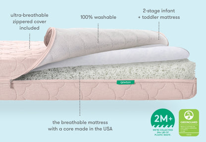 Newton mattress with cover partially removed showing patented wovenaire core, Chart displaying key features of the mattress, 2M+ pounds of plastic removed from the ocean, greenguard gold certified, 100% washable, ultra-breathable zippered cover included, 2 stage infant + toddler mattress, the breathable mattress with a core made in the usa
