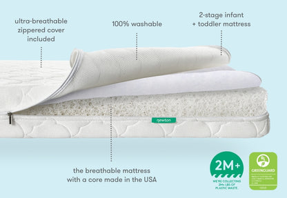 Newton mattress with cover partially removed showing patented wovenaire core, Chart displaying key features of the mattress, 2M+ pounds of plastic removed from the ocean, greenguard gold certified, 100% washable, ultra-breathable zippered cover included, 2 stage infant + toddler mattress, the breathable mattress with a core made in the usa